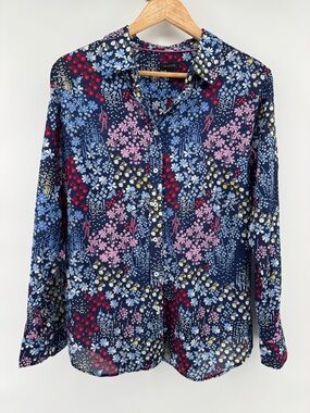 Talbots Navy Floral Button-Down Blouse lightweight 100% Cotton Women's Sz L